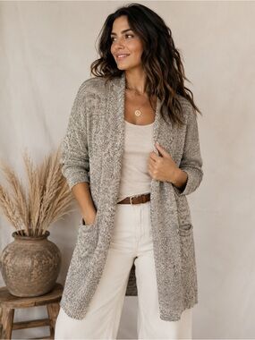 Eileen Fisher Open-Front Taupe Heathered Cardigan Sweater Lagenlook Quiet Luxury